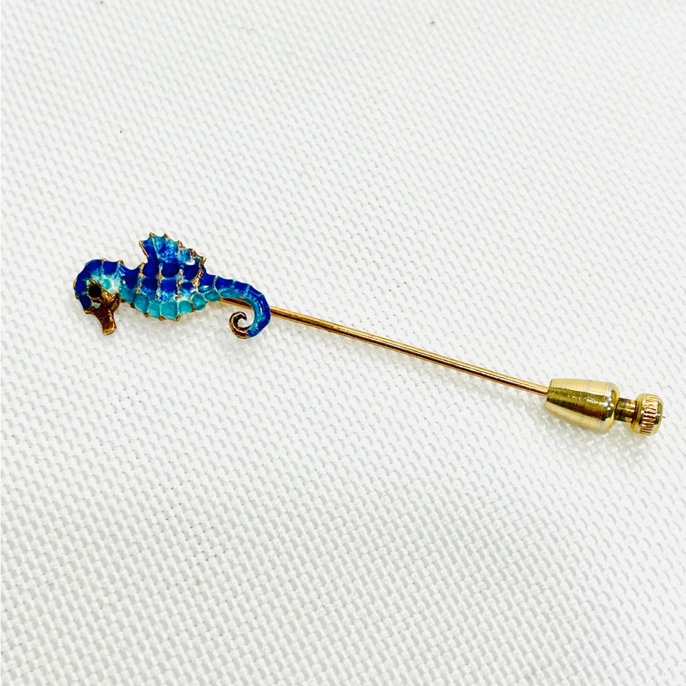 VINTAGE 14K GOLD ENAMELED SEAHORSE STICKPIN LAPEL PIN